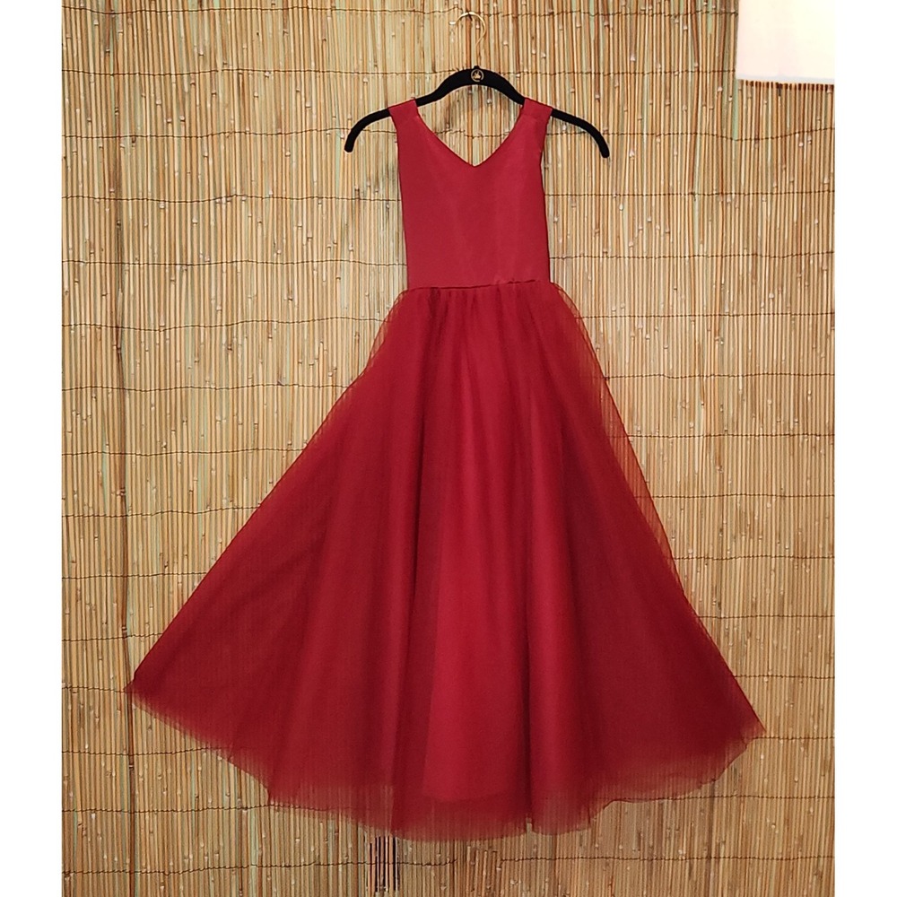 Girls Red Tulle Formal Long Dress Back Bow Christmas Party Photo Medium Chest 27 - Picture 2 of 7